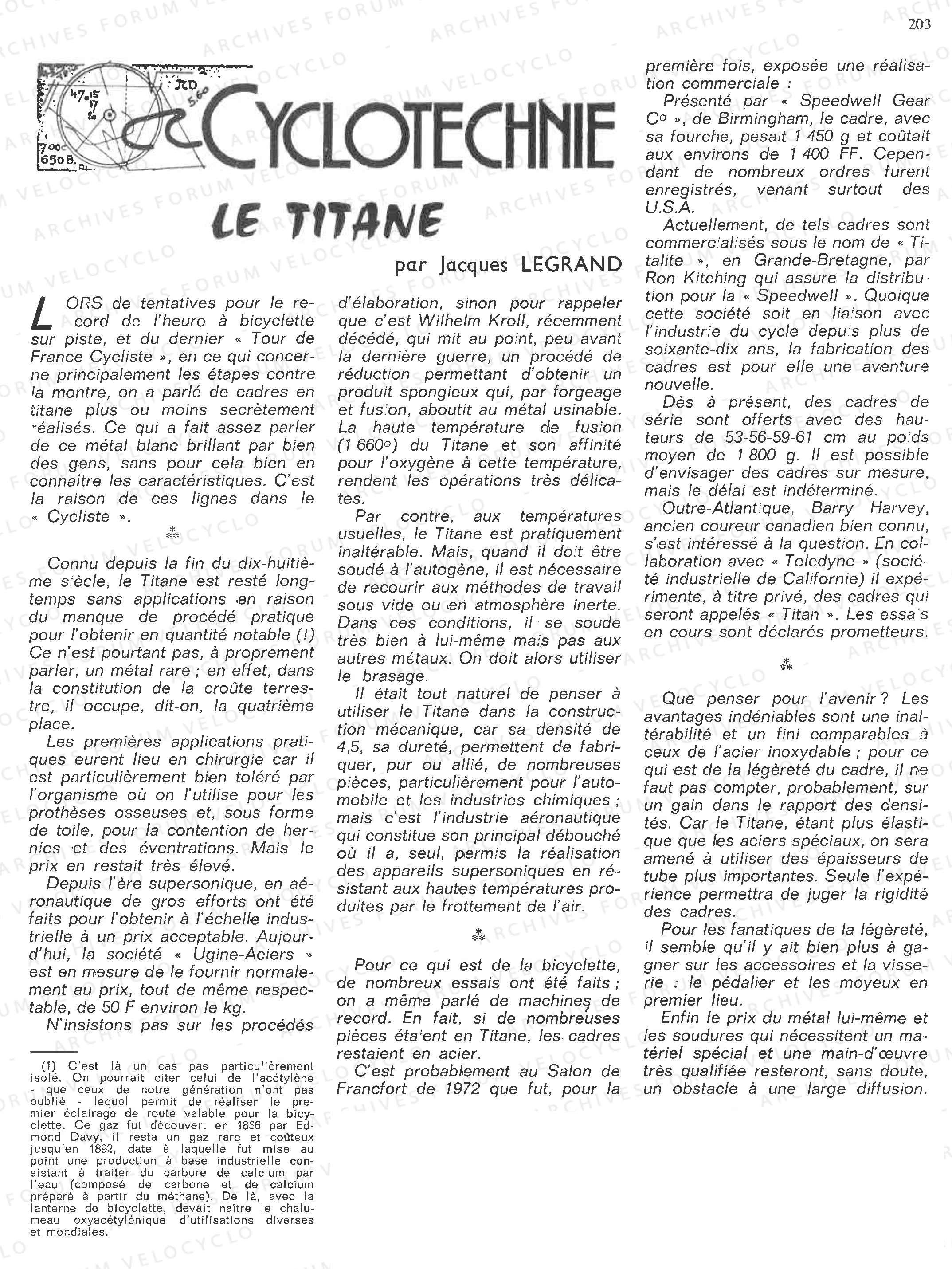 ARTICLE TITANE LE CYCLISTE SEPTEMBRE OCTOBRE 1973 copie