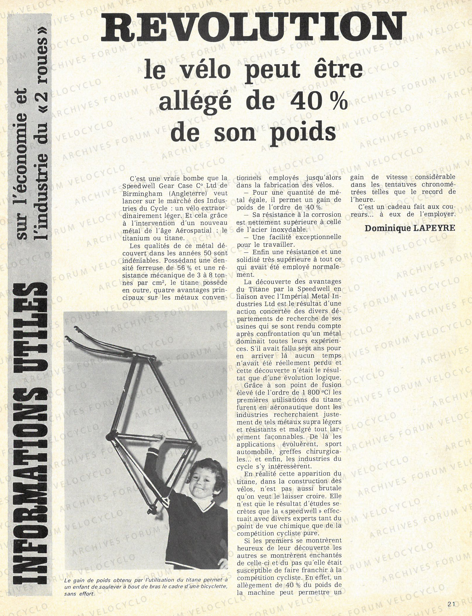 REPORTAGE SPEEDWELL TITANE BERTIN equipe cyclisme 47 avril 72